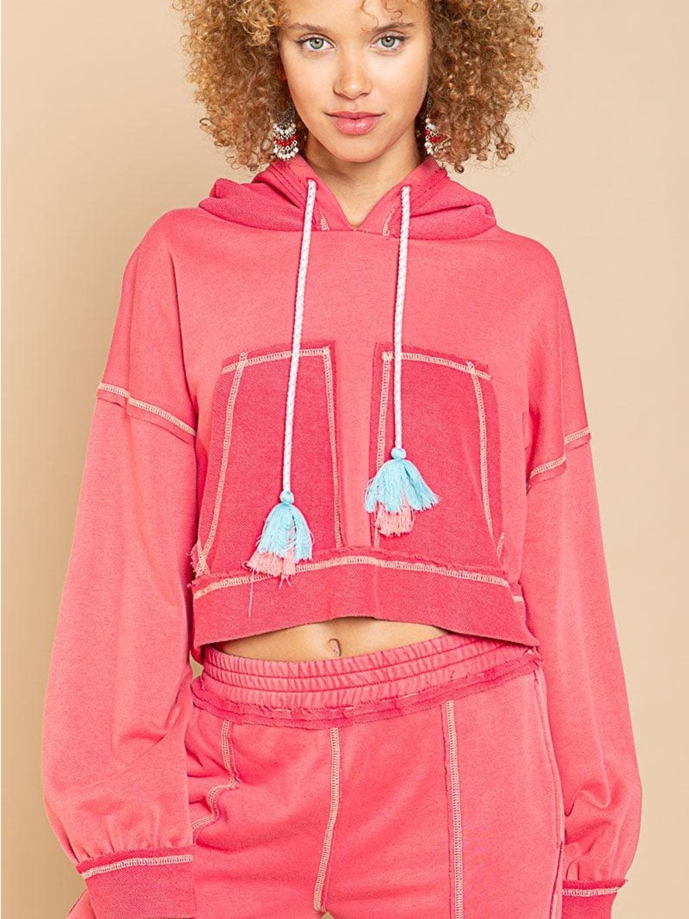 POL Coral Cropped Hoodie with Blue Tassels